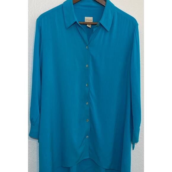 Chico's size 2 Large Blue Asymmetric Hem Button Up Tunic Tie Sleeve Lagenlook - Picture 2 of 7